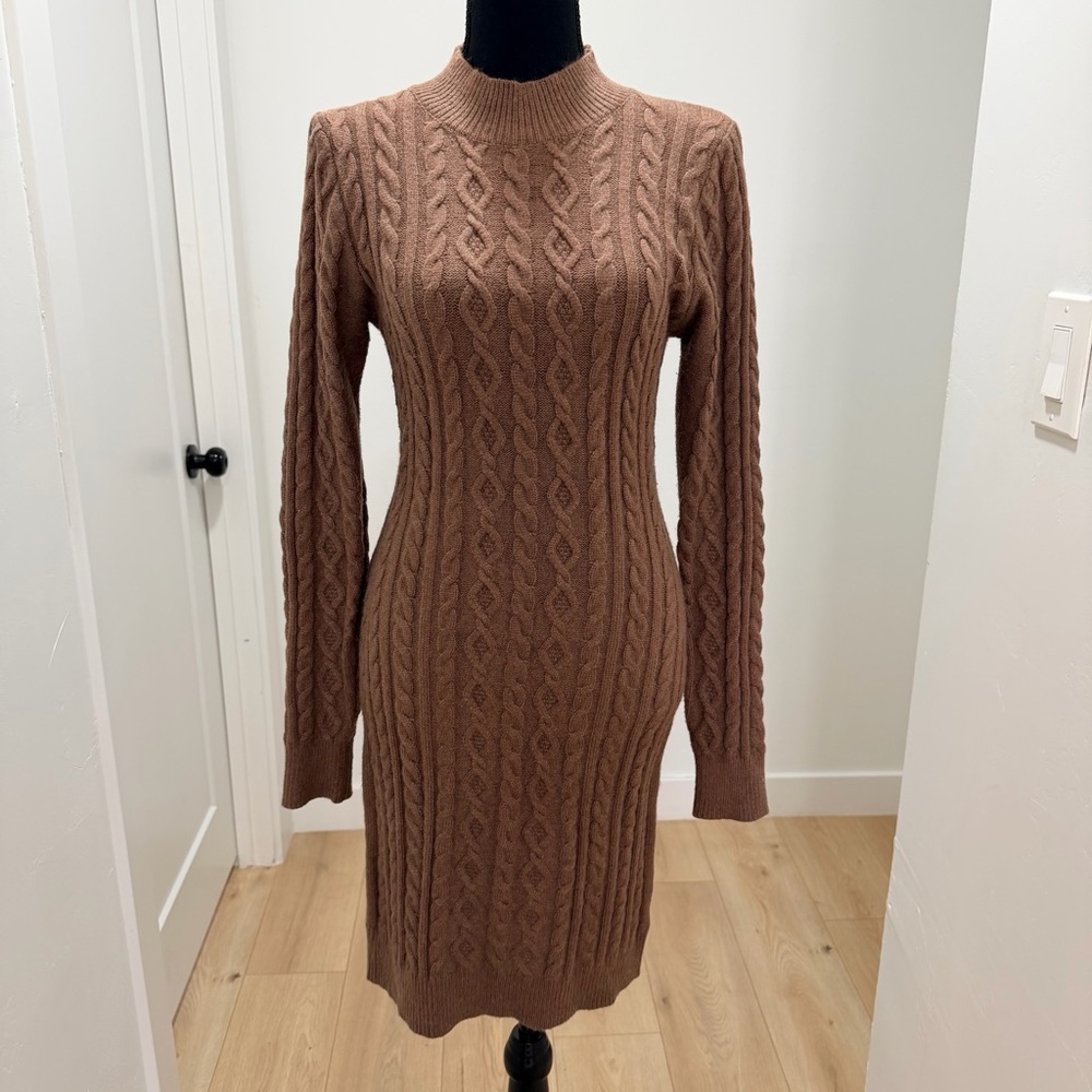 Flying Tomato Taupe/Brown Cable Knit Long Sleeve Sweater Dress